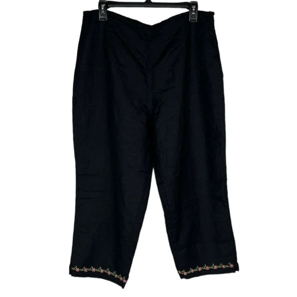 Womens Black Rayon Linen Capri Crop Pants Plus Sz 16 Embroidered Floral CG Sport